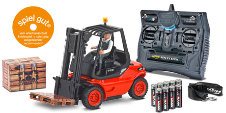 Detailed 1/14 scale RC Linde forklift with realistic controls and accessories, perfect for indoor and outdoor play.