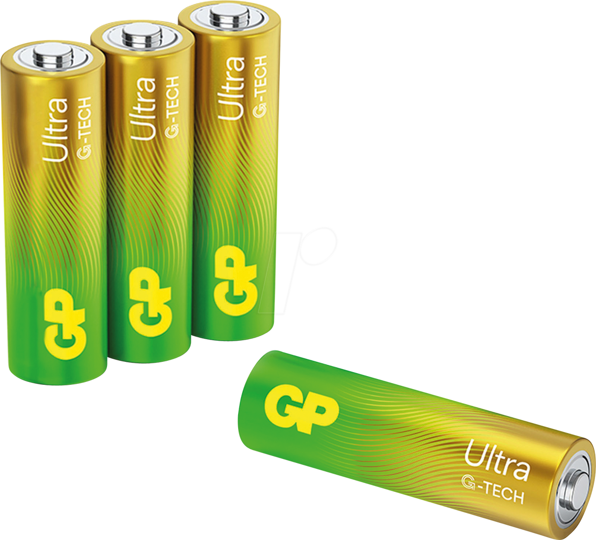Four AA ultra alkaline heavy duty batteries in a green and yellow gradient color scheme.
