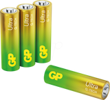 Four AA ultra alkaline heavy duty batteries in a green and yellow gradient color scheme.