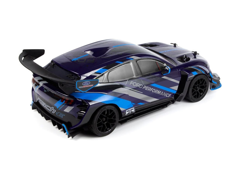 High-performance remote-controlled electric racing car, the HPI 1/10 Sport 3 Ford Mustang Mach-E 1400 4WD Touring Car, with a sleek, aerodynamic black and blue body design.