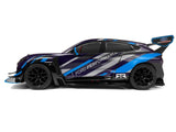 Sleek and powerful HPI 1/10 Sport 3 Ford Mustang Mach-E 1400 4WD Electric Touring Car in stylish black and blue body design.
