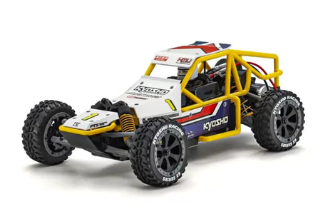 Kyosho 1/10 Sandmaster 2.0 Electric RTR RC Buggy in white and blue, featuring large off-road tires, a rugged frame, and yellow roll cage for outdoor adventures.