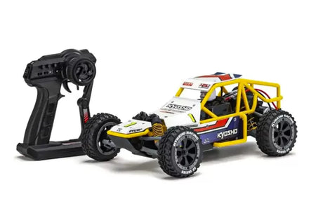 Kyosho 1/10 Sandmaster 2.0 Electric RTR RC Buggy - White/Blue, an off-road remote-controlled vehicle with a yellow and white body, large tires, and a detailed control system.