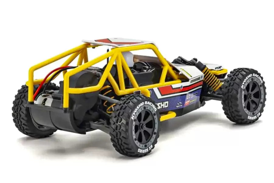 Kyosho 1/10 Sandmaster 2.0 Electric RTR RC Buggy in bold yellow and red colors, with rugged off-road tires and a sporty, durable design.