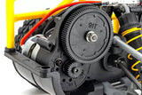 Detailed electric RC buggy engine with large gear and gears visible, showcasing the intricate mechanics of this Kyosho 1/10 Sandmaster 2.0 model.