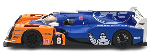 Detailed slot car of Toyota LMP1 model in vibrant orange and blue colors, featuring Michelin #8 branding.