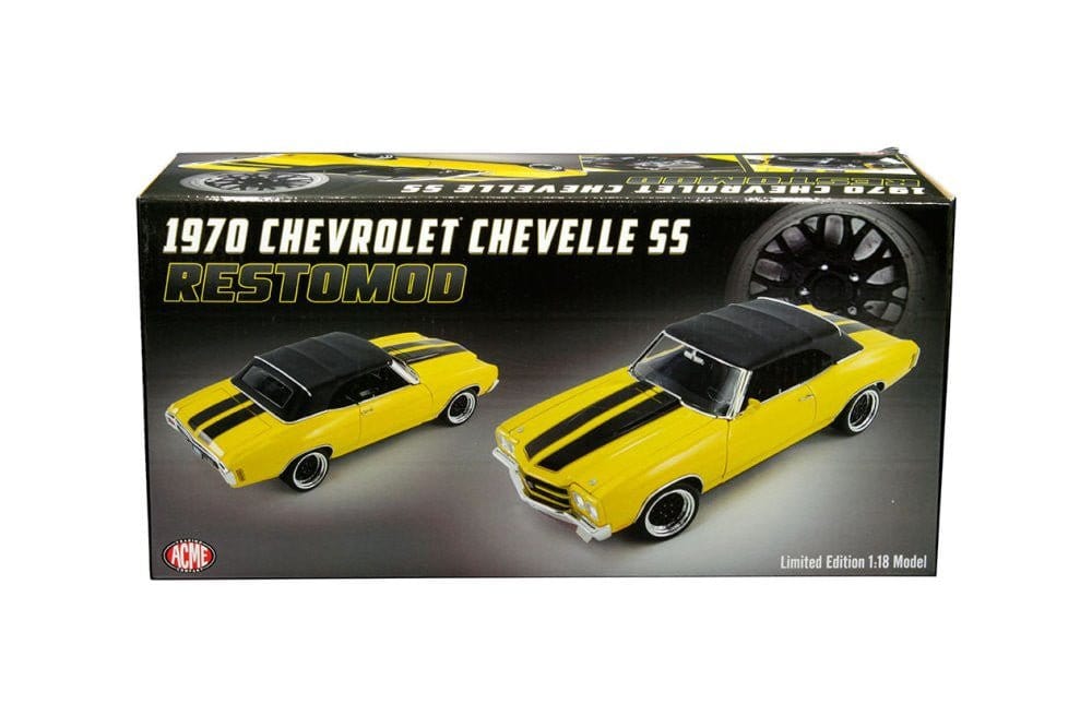 Acme 1/18 1970 Yellow /Black Stripes Chevrolet Chevelle Convertible Diecast Model - Hobbytech Toys