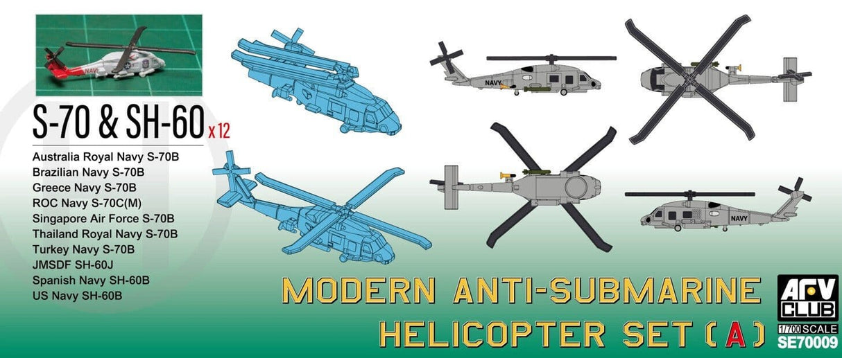 AFV Club 1/700 Modern Anti - submarine Helicopter Set1 (SH - 60B & S - 70C(M)) Plastic Model Kit - Hobbytech Toys