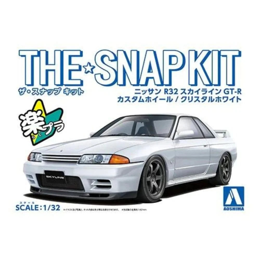 Aoshima 1/32 SNAP NISSAN R32 SKYLINE GT - R CUSTOM WHEEL (Crystal White) Kit - Hobbytech Toys