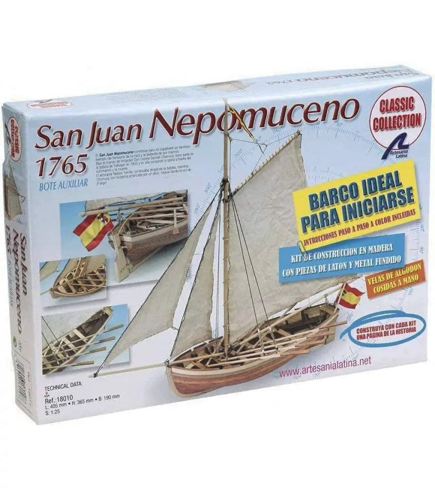Detailed wooden model kit of the San Juan Nepomuceno captains boat, featuring a classic sailing ship design with masts and rigging, produced by Artesania.