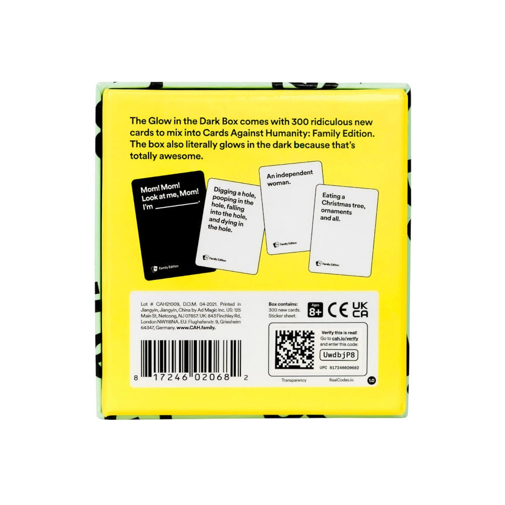 Cards Against Humanity Family Edition First Expansion Glow In The Dark Box