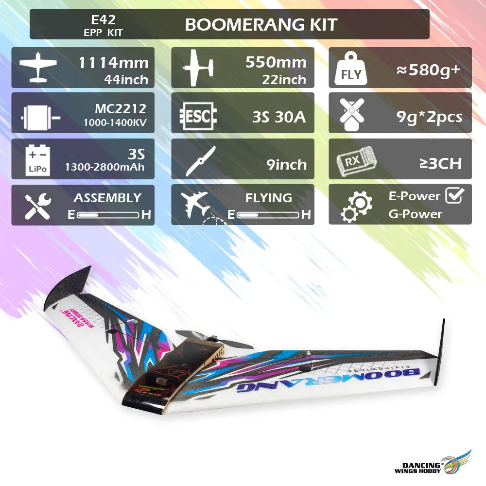 Dancing Wings 1.1m Boomerang Flying Wing Balsa RC Plane Kit (Motor,ESC,Servos Included)