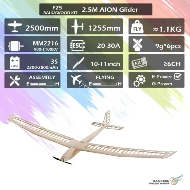 Dancing Wings 2.5m EP Glider Aion Balsa RC Plane Kit (Motor,ESC,Servos Included)
