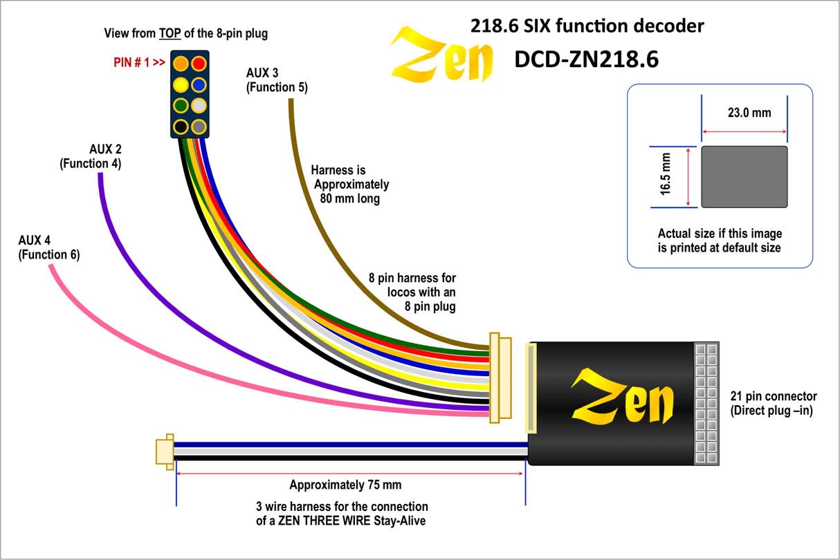 DCC Concepts DCD - ZN218.4.2 Zen Black Decoder 21Pin MTC & 8Pin - 4 Powered & 2 Logic Functions - Hobbytech Toys