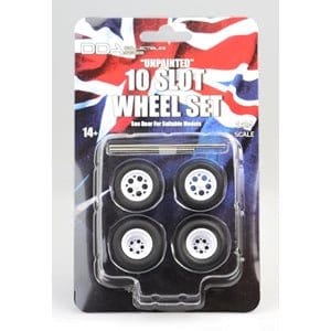DDA 1/24 10 Slot Unpainted Injected White Wheels w/Tyres & Axles - Suits Slammed Models - Holden HQ & HJ - Ford XW & XY (4pcs) - Hobbytech Toys