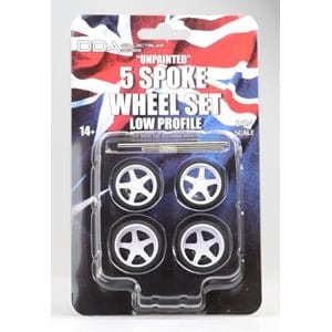 DDA 1/24 Low Profile Unpainted Injected White 5 Spoke Wheels w/Tyres & Axles - Suits Slammed Models - Holden HQ & HJ - Ford XW & XY (4pcs) - Hobbytech Toys