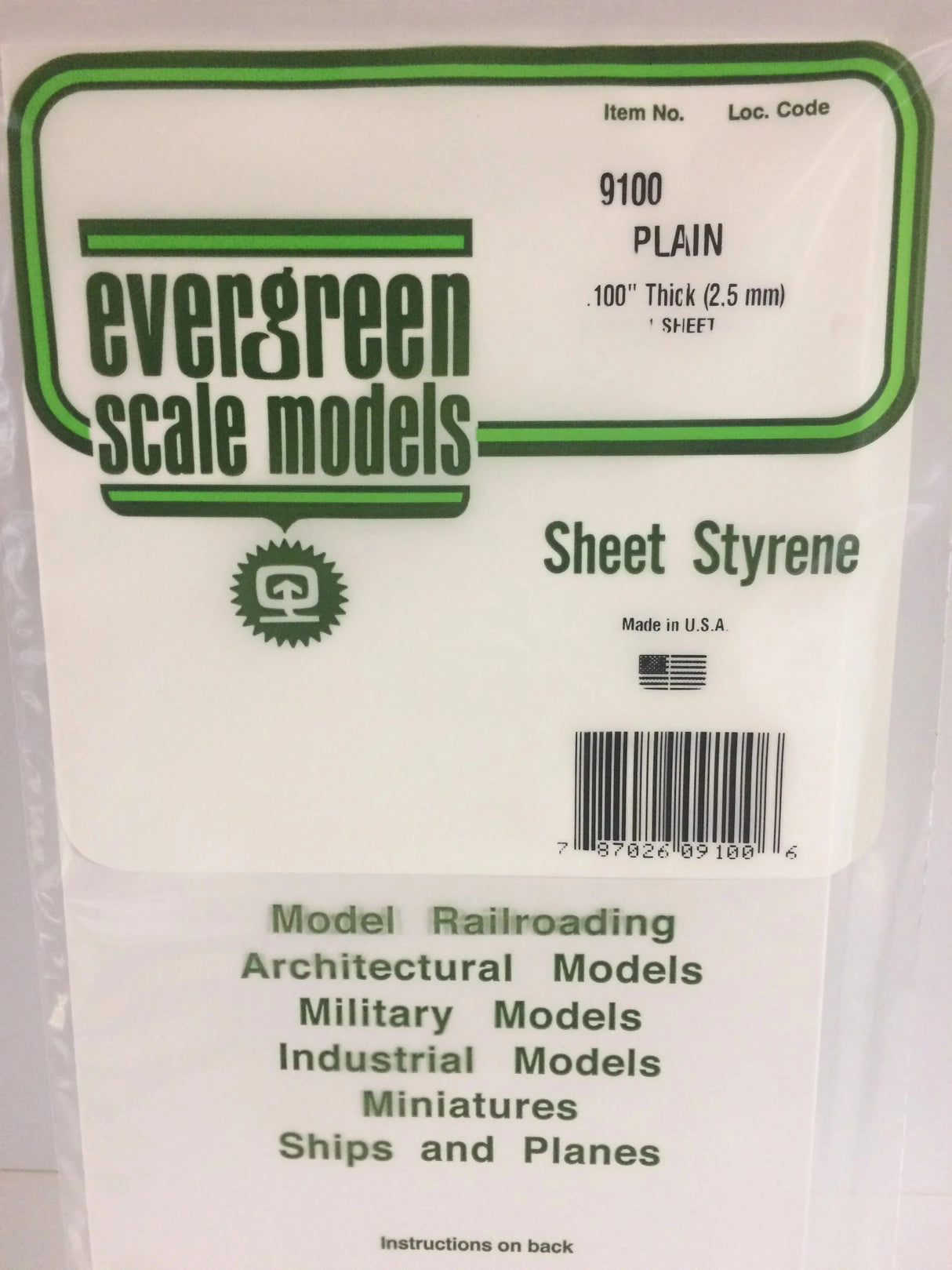 Evergreen 9100 Styrene Plain Sheet 2.5x150x300mm / .100x6x12" (1pc)
