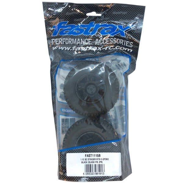 Fastrax 1/10 SC Stinger Tyres Mounted On 5 Spoke Black Rims (Slash RR) (2pcs) - Hobbytech Toys