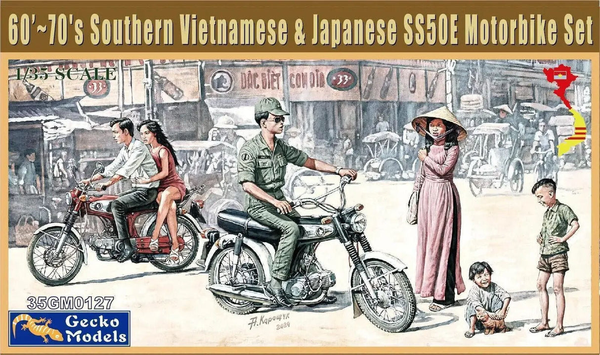 Gecko 1/35 1960-70s Southern Vietnamese & Japanese Motorbike Set Plastic Model Kit