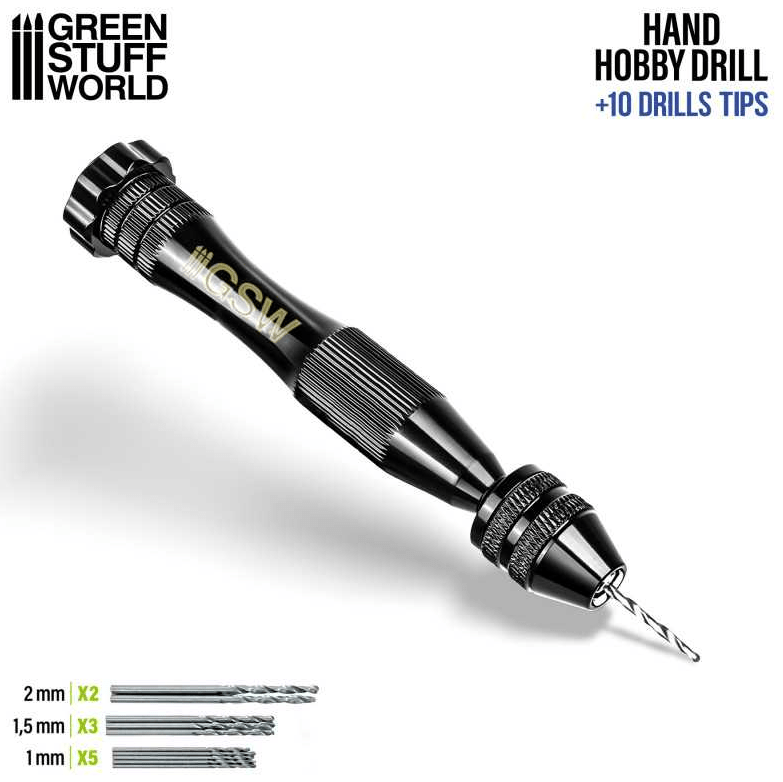 Green Stuff World BLACK Hand Drill with 10x Drill bits - Hobbytech Toys