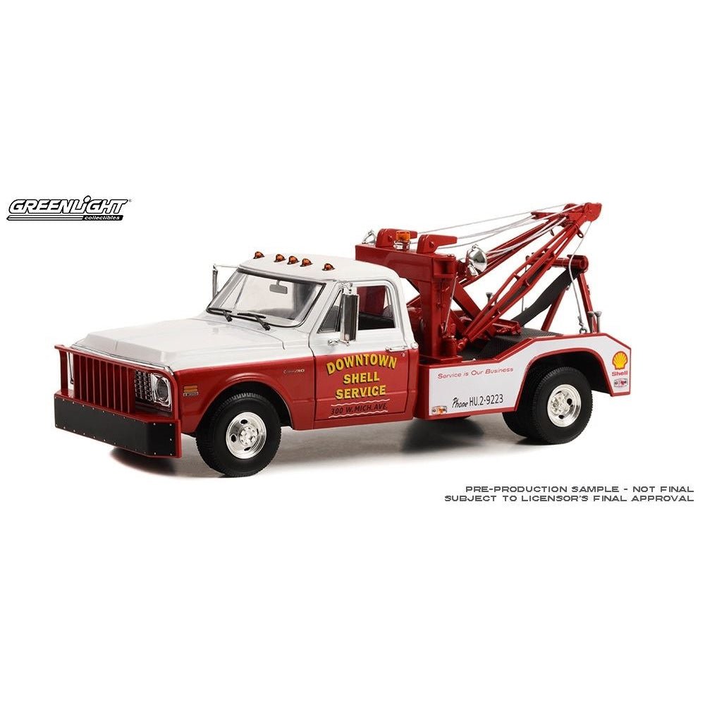 Greenlight 13654 1/18 Dually Wrecker 1972 Chevrolet C - 30 - Downtown Shell Service - Service is our Business - Hobbytech Toys