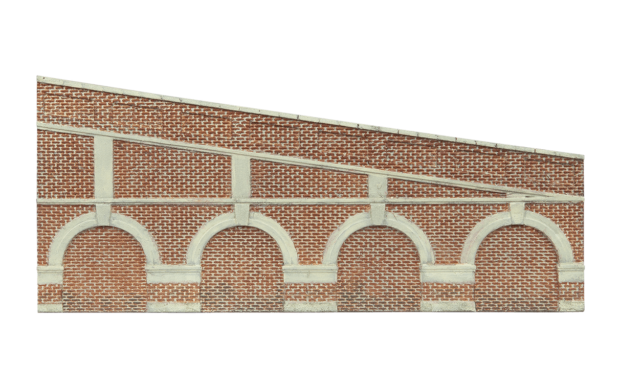 Hornby R7386 OO Scale Mid Stepped Arched Retaining Walls - Red Brick (2pcs) - Hobbytech Toys