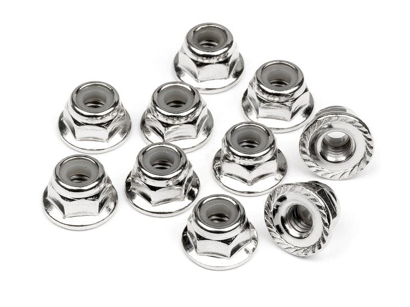 HPI 103729 Serrated Flange Lock Nut M4 (Silver/10pcs)** - Hobbytech Toys