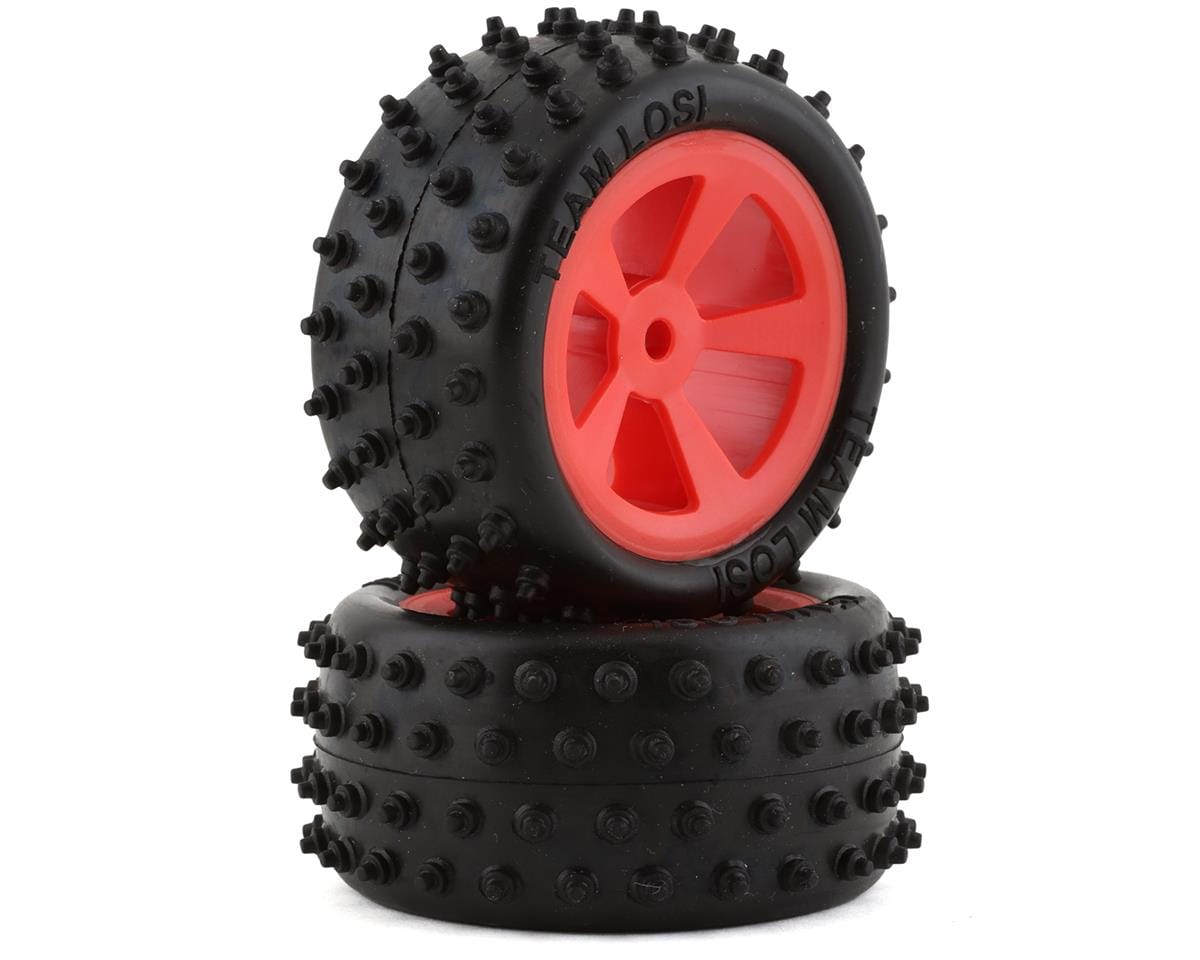 Losi 4 Row Rear Tyres Mounted on Red Wheels, 2pcs, Mini JRX2 LOS41023