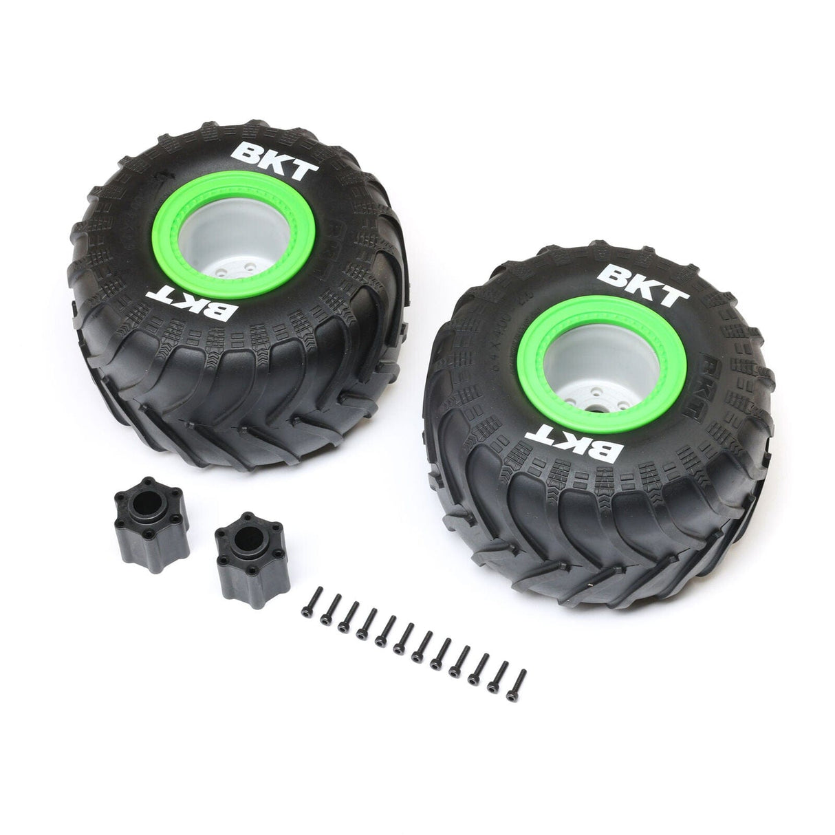 Losi BKT 2.6 inch Medium Compound Monster Truck Tyres on Green Wheels, LMT 2.0 LOS-1818