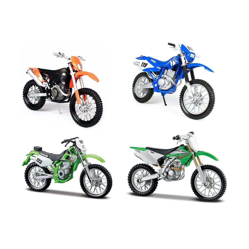 Detailed 1/18 scale die-cast dirt bikes in assorted colors and designs, including orange, blue, green, and white models.