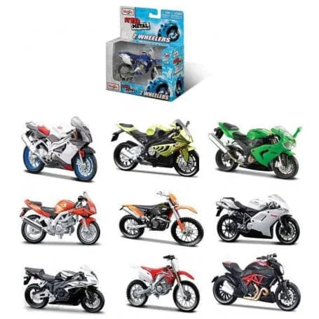 Assortment of 1/18 scale die-cast model motorcycles by Maisto, featuring various styles and colors including sports bikes, dirt bikes, and street bikes.