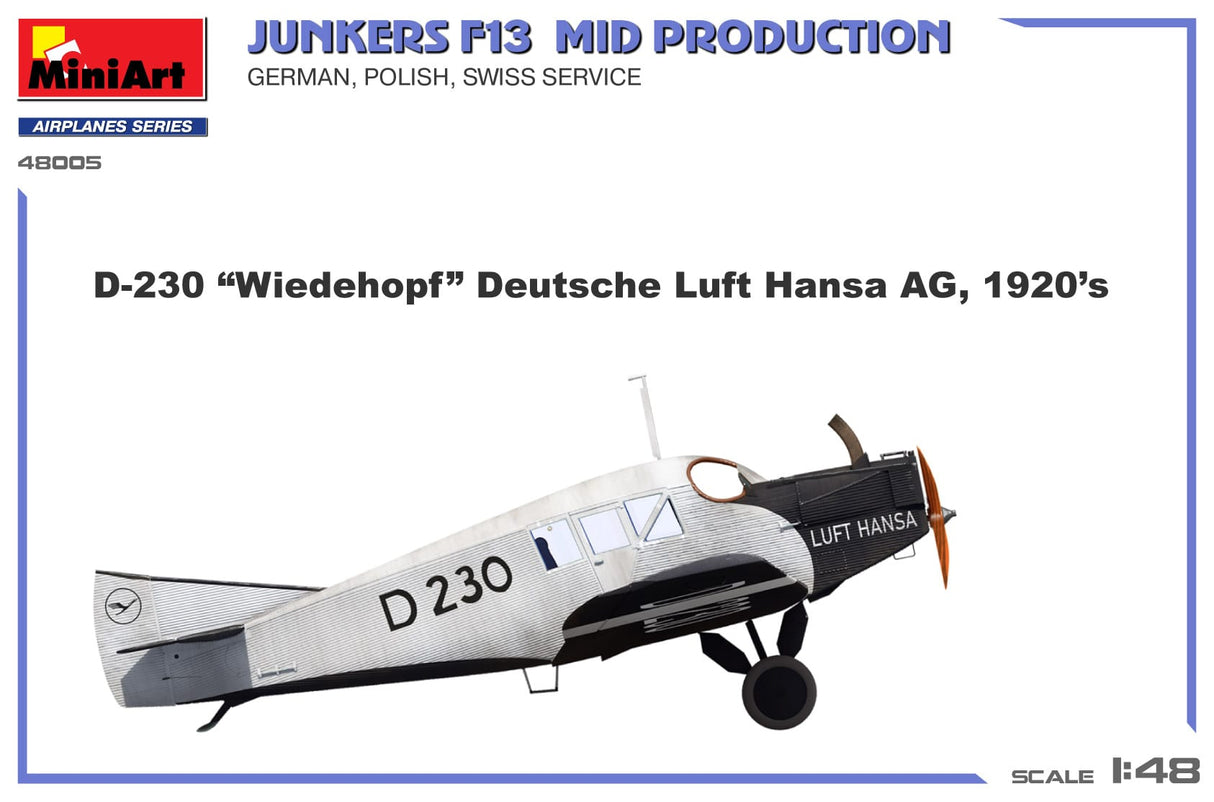 MiniArt 1/48 Junkers F13. Mid Prod. German. Polish. Swiss Service Plastic Model Kit