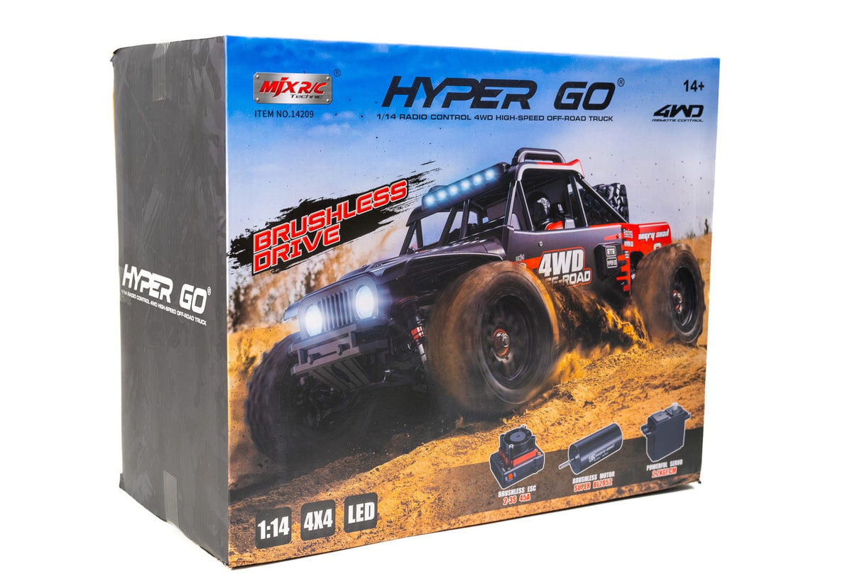 Rugged 1/14 scale MJX Hyper Go 4WD off-road brushless RC truck with powerful performance and detailed design.