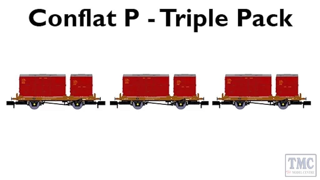 Rapido UK N BR Conflat P Triple Pack A (No.s B932869, B933387, B933059 with crimson containers) - Hobbytech Toys