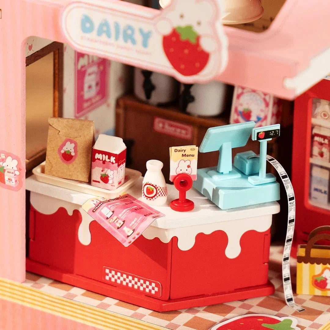 Rolife Strawberry Milk Box Shop DIY Miniature House Kit - Hobbytech Toys