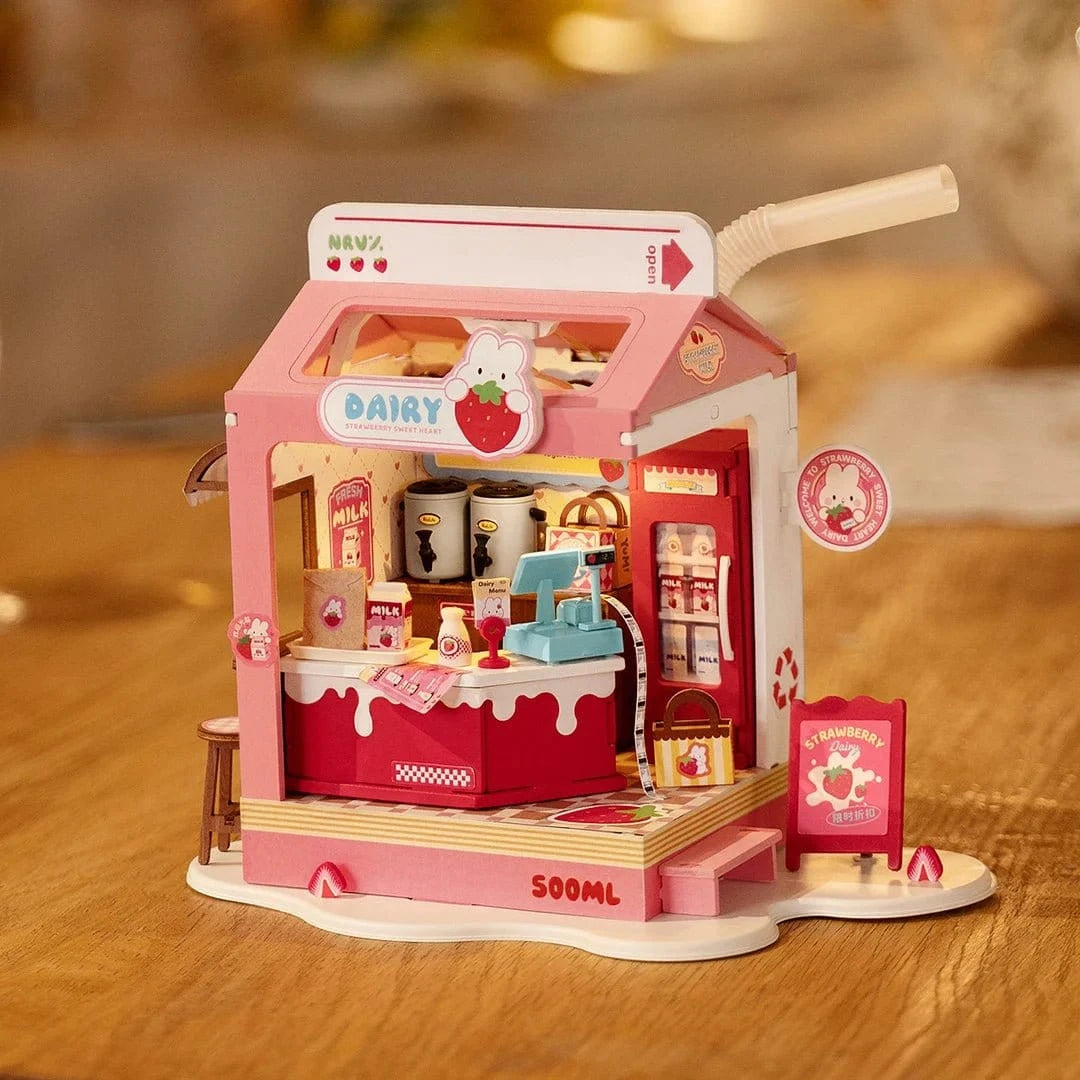 Rolife Strawberry Milk Box Shop DIY Miniature House Kit - Hobbytech Toys