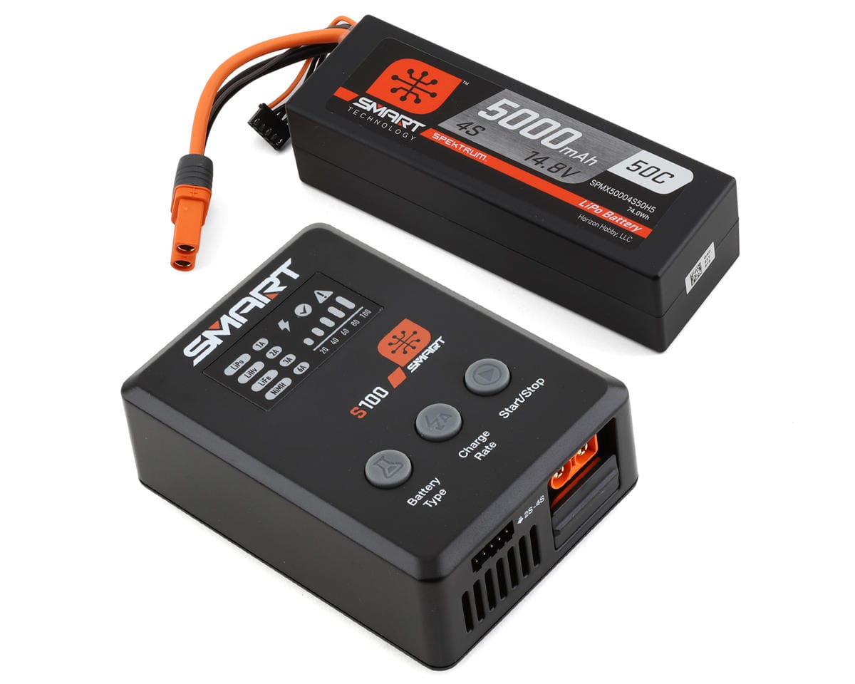 Spektrum Smart 5000mAh 4S 50C IC5 LiPo Battery Powerstage Bundle with S100 Charger
