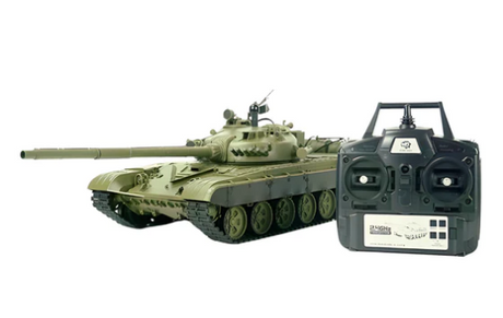 Detailed 1/16 scale RC tank, Henglong Russian T72 model, camouflage finish, realistic details, remote-controlled operation.