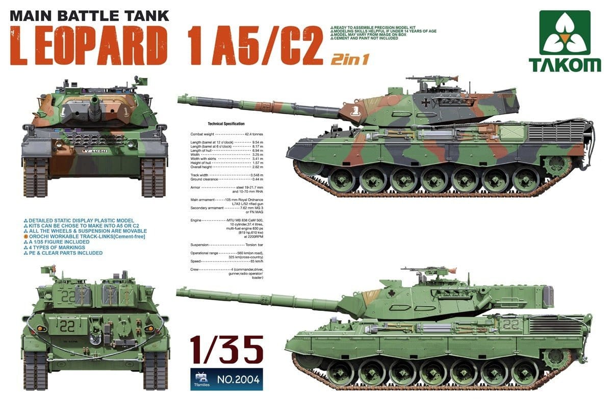 Takom 1/35 Main Battle Tank Leopard 1 A5/2C 2 in 1 Plastic Model Kit - Hobbytech Toys