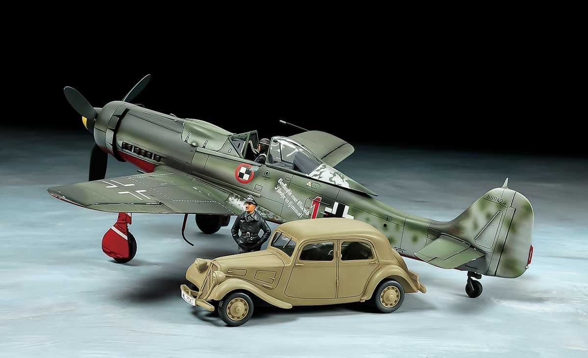Tamiya 25213 1/48 Focke - Wulf Fw190 D - 9 Jv44 & Citroen 11CV Set Plastic Model Kit - Hobbytech Toys