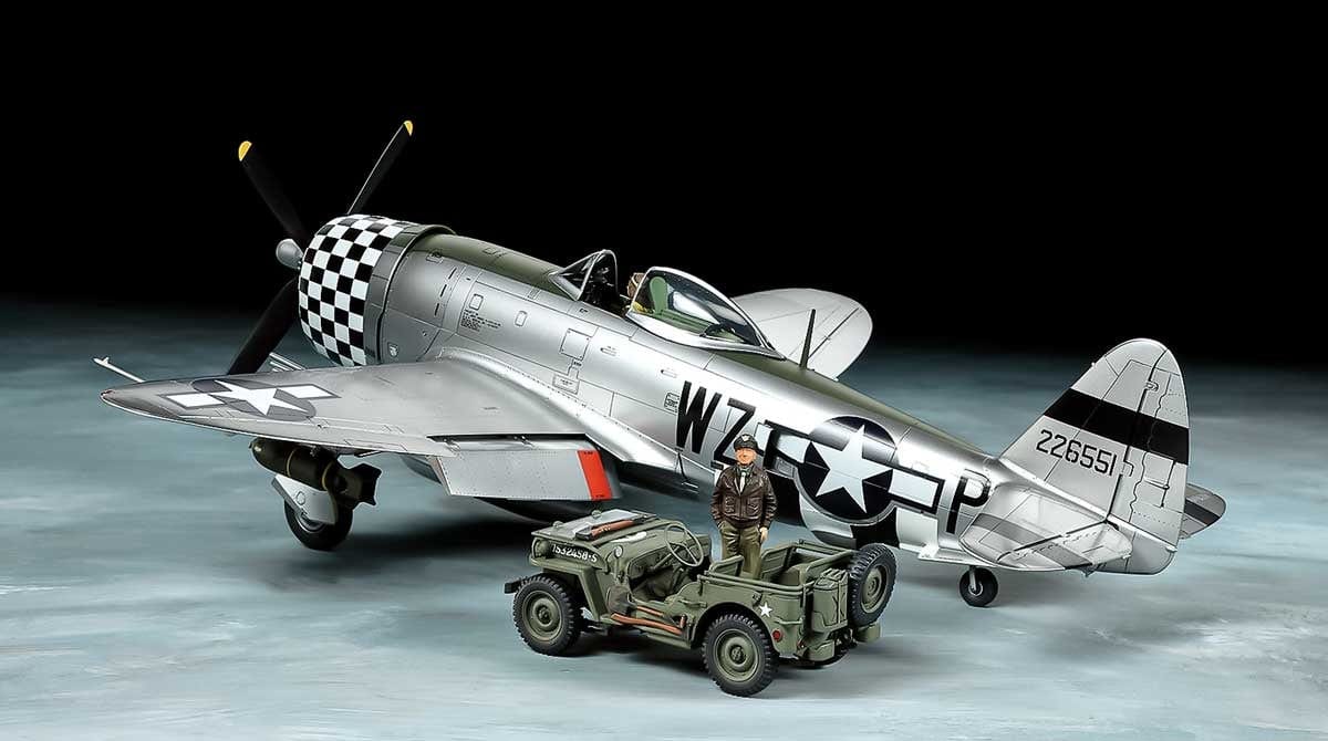 Tamiya 25214 1/48 P-47D Thunderbolt Bubbletop & 1/4 Ton 4x4 Light Vehicle Plastic Model Kit - Hobbytech Toys