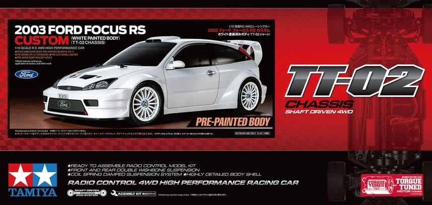 Tamiya 47495 1/10 Ford Focus RS Custom TT - 02 Chassis White Pre - Painted Body RC Car Kit - Hobbytech Toys