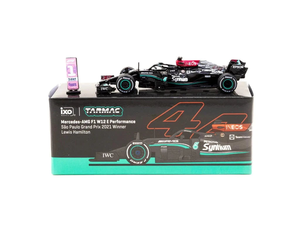 Tarmac 1/64 Lewis Hamilton Mercedes AMG F1 W12 E Performance Paulo Grand Prix 2021 Winner - Hobbytech Toys