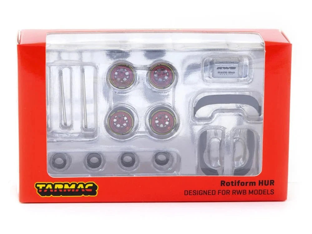 Tarmac 64W - 006 - RD 1/64 Rotiform HUR Chrome Red - Package Includes/ 4 x Rims / 4 x Tires / 2 x Regular Axis / 2 x Cambered axis / 1 set of spacer / RWB accessories - Suitcase, RWB 964 rear fenders, big rear wing - Hobbytech Toys