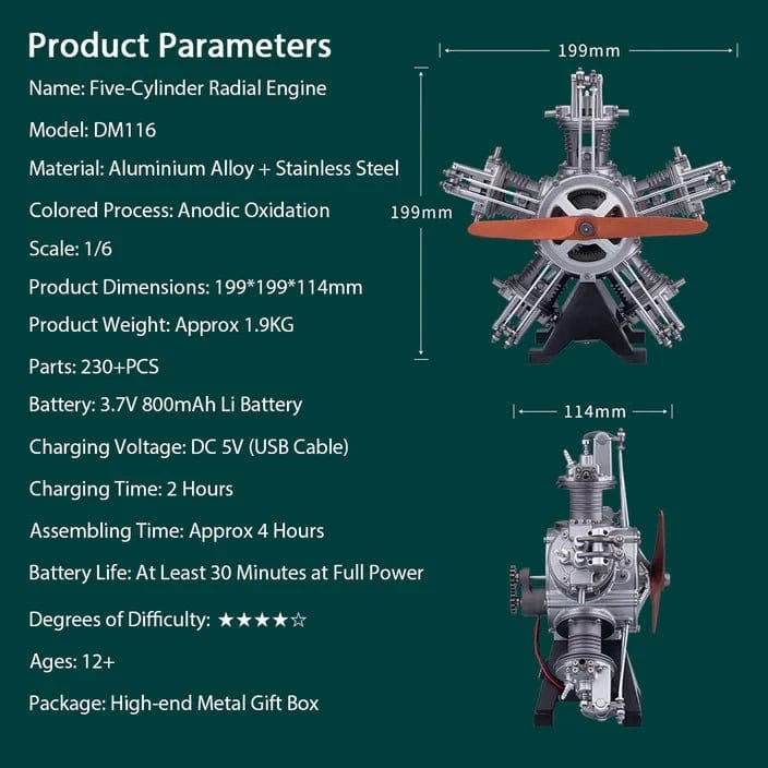 Teching 5 Cylinder Radial Metal Model Engine Assembly Kit - Hobbytech Toys