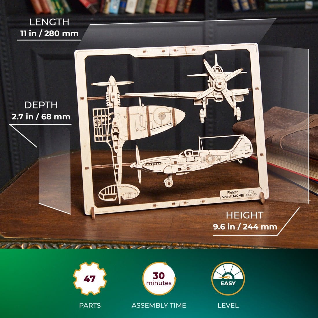 Ugears 70196 Fighter Aircraft 2.5D Puzzle 47pc Wooden Model Kit - Hobbytech Toys