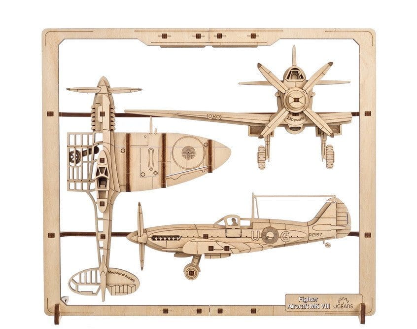 Ugears 70196 Fighter Aircraft 2.5D Puzzle 47pc Wooden Model Kit - Hobbytech Toys