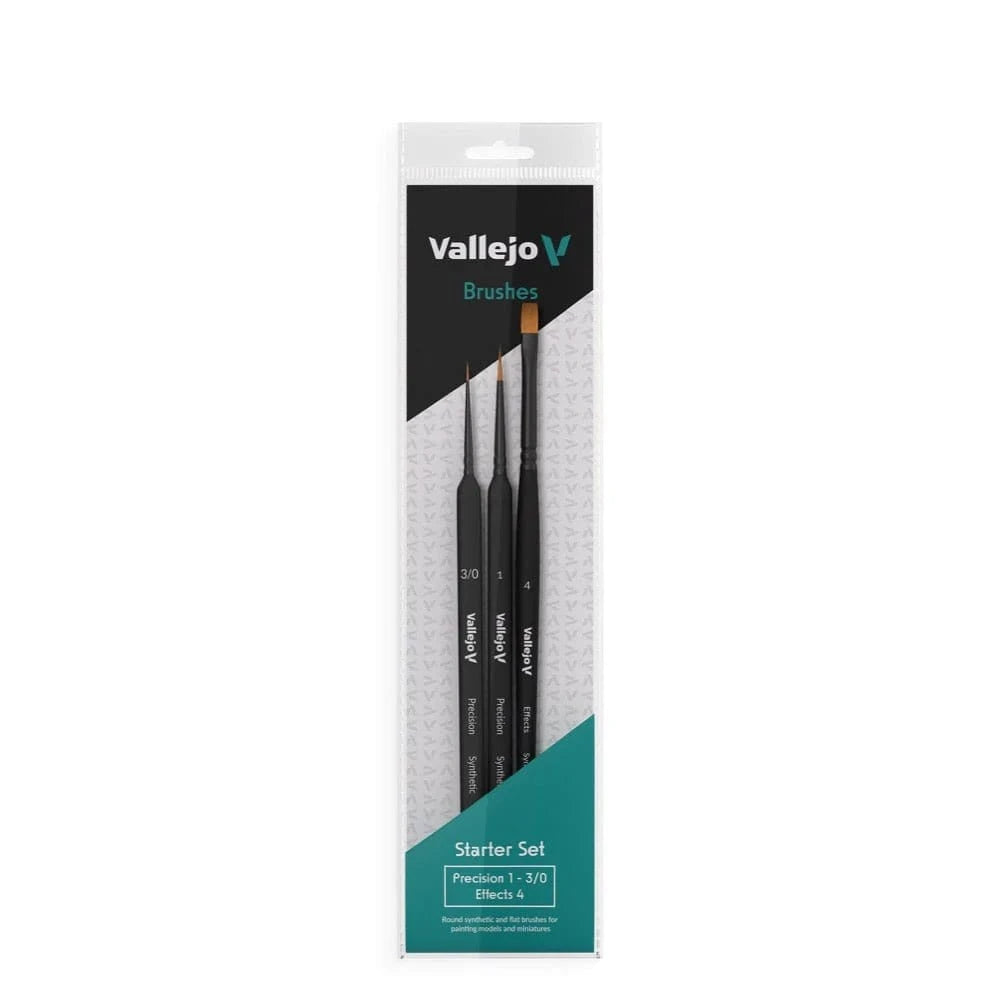 Vallejo Hobby Brushes: Precision Starter Set (Round No.1 & 3/0 Triangular Handle, Flat No.4, synthetics) - Hobbytech Toys