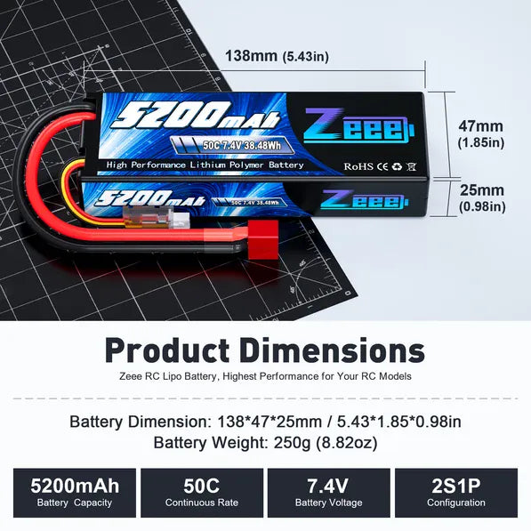 ZEEE Power 5200mah 2S 7.4v 50C Hardcase Lipo Battery - Deans