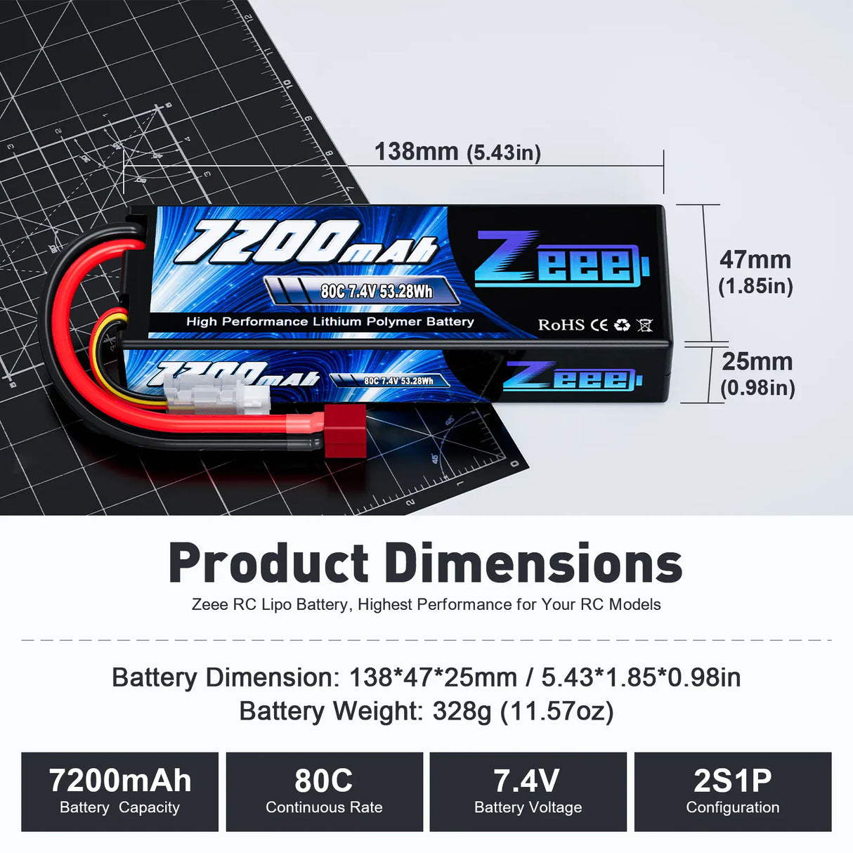 ZEEE Power 7200mah 2S 7.4v 80C Hardcase Lipo Battery - Deans
